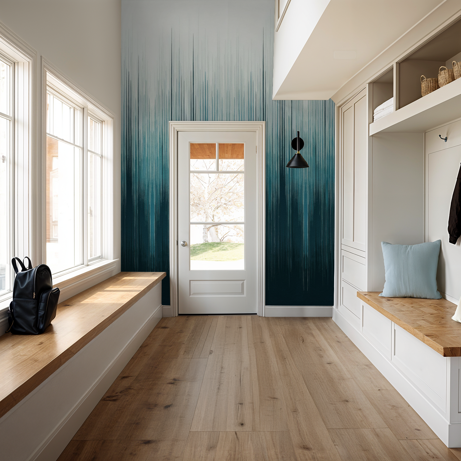 Gradient teal and navy wallpaper in modern entryway with wood accents.