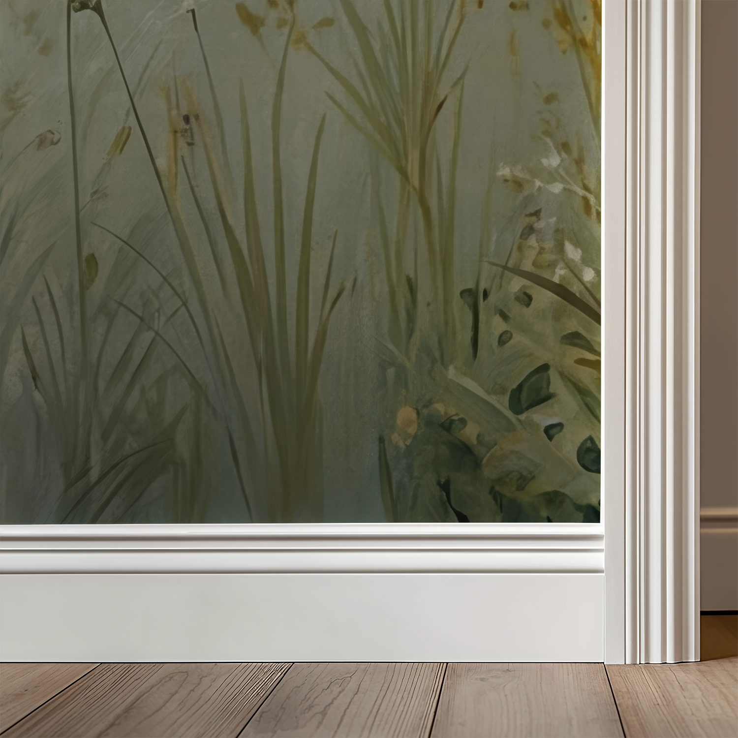 Green botanical wallpaper with grass and foliage in a serene room setting.