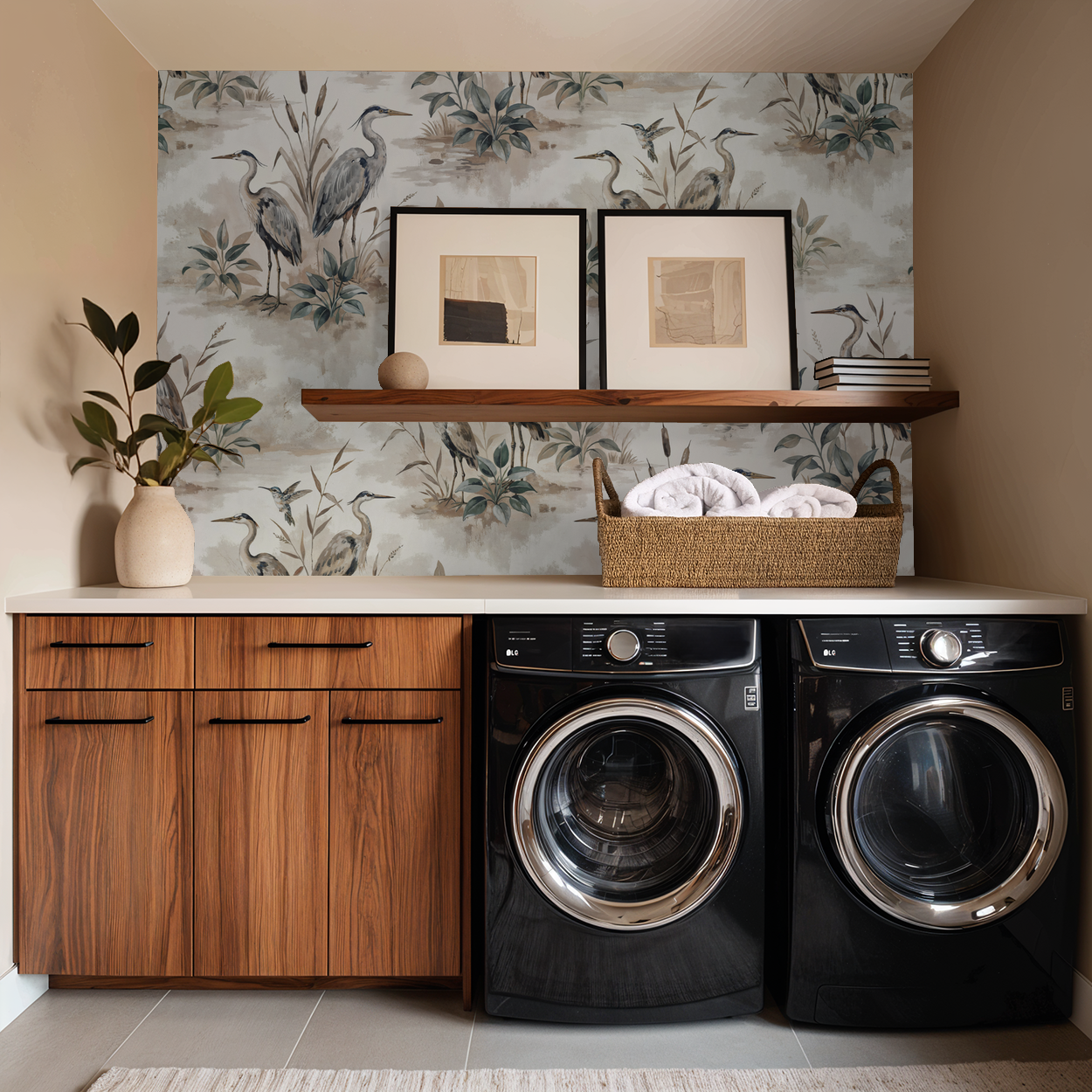 Heron Bay wallpaper with herons and foliage in a laundry room setting.