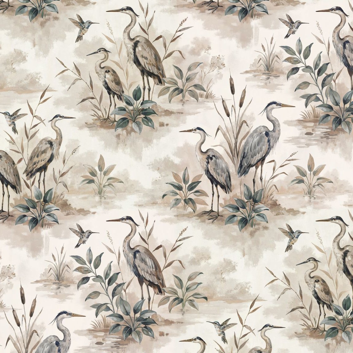 Heron Bay wallpaper with herons and foliage in taupe, sage, and dusty blue tones.