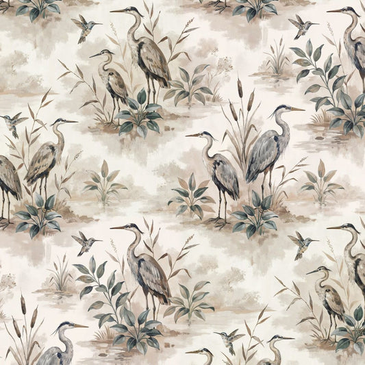 Heron Bay wallpaper with herons and foliage in taupe, sage, and dusty blue tones.