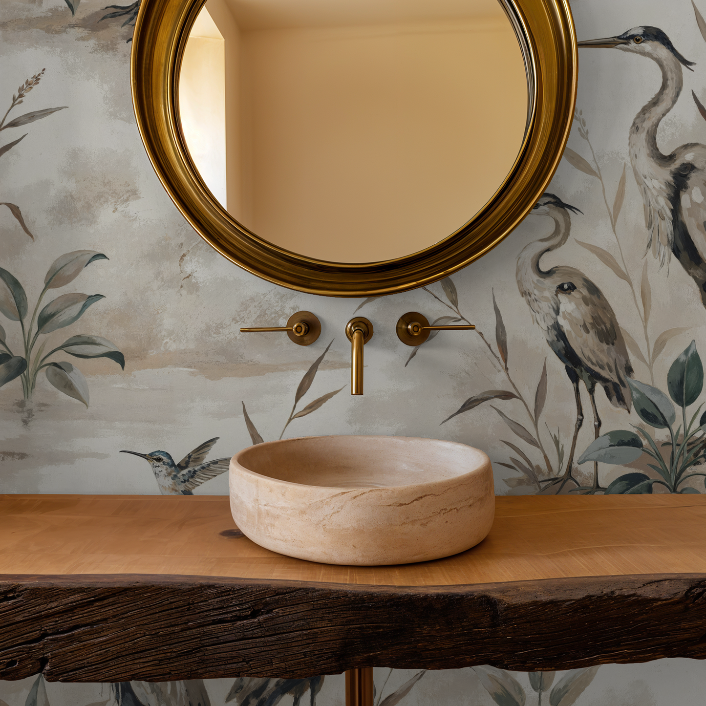 Heron Bay wallpaper with herons and foliage in taupe and sage tones in a rustic bathroom setting.
