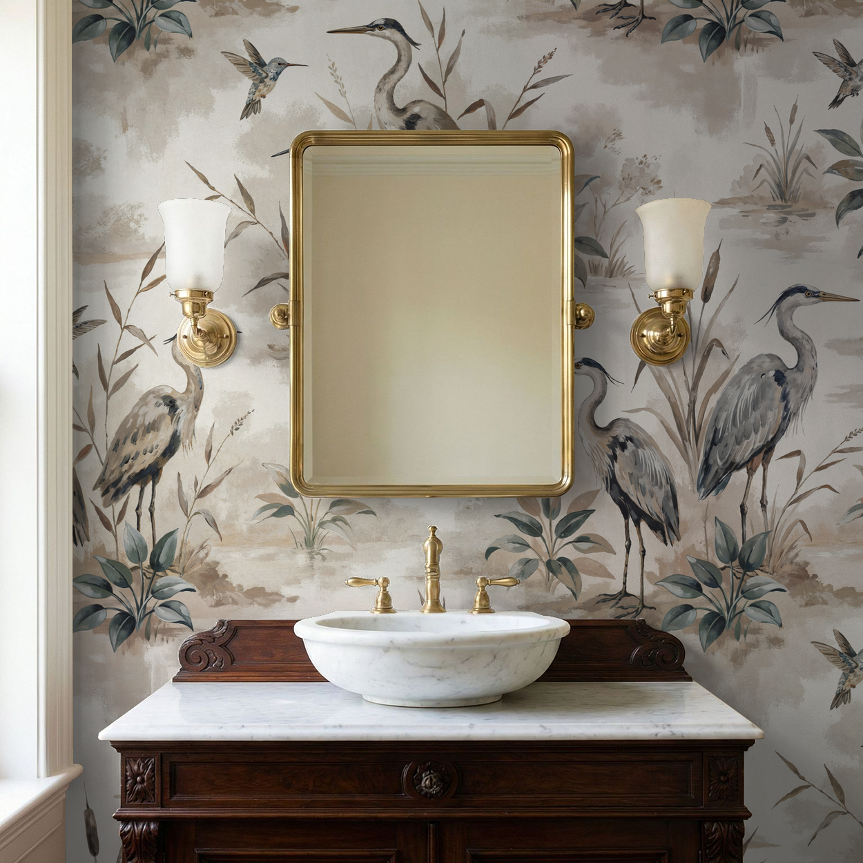 Heron Bay wallpaper with herons and foliage in taupe and sage tones in a bathroom setting.