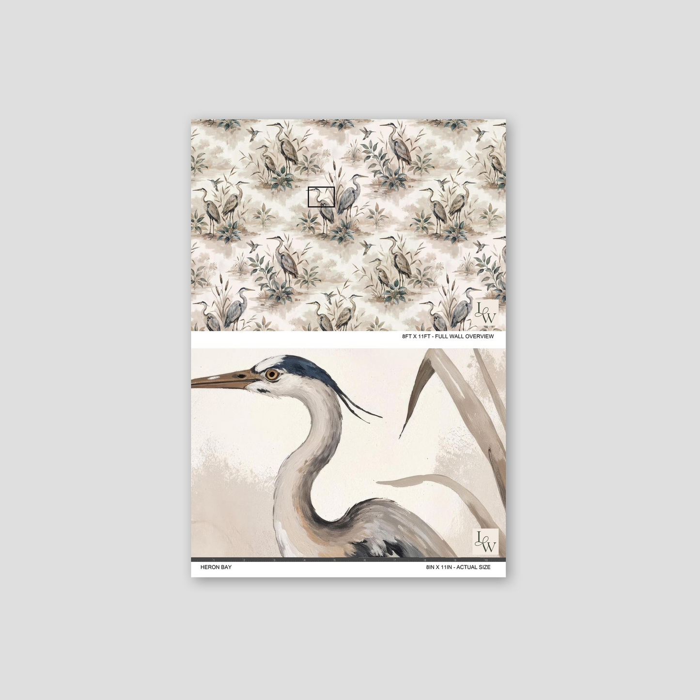 Heron Bay wallpaper with taupe, sage, and dusty blue herons and foliage pattern.