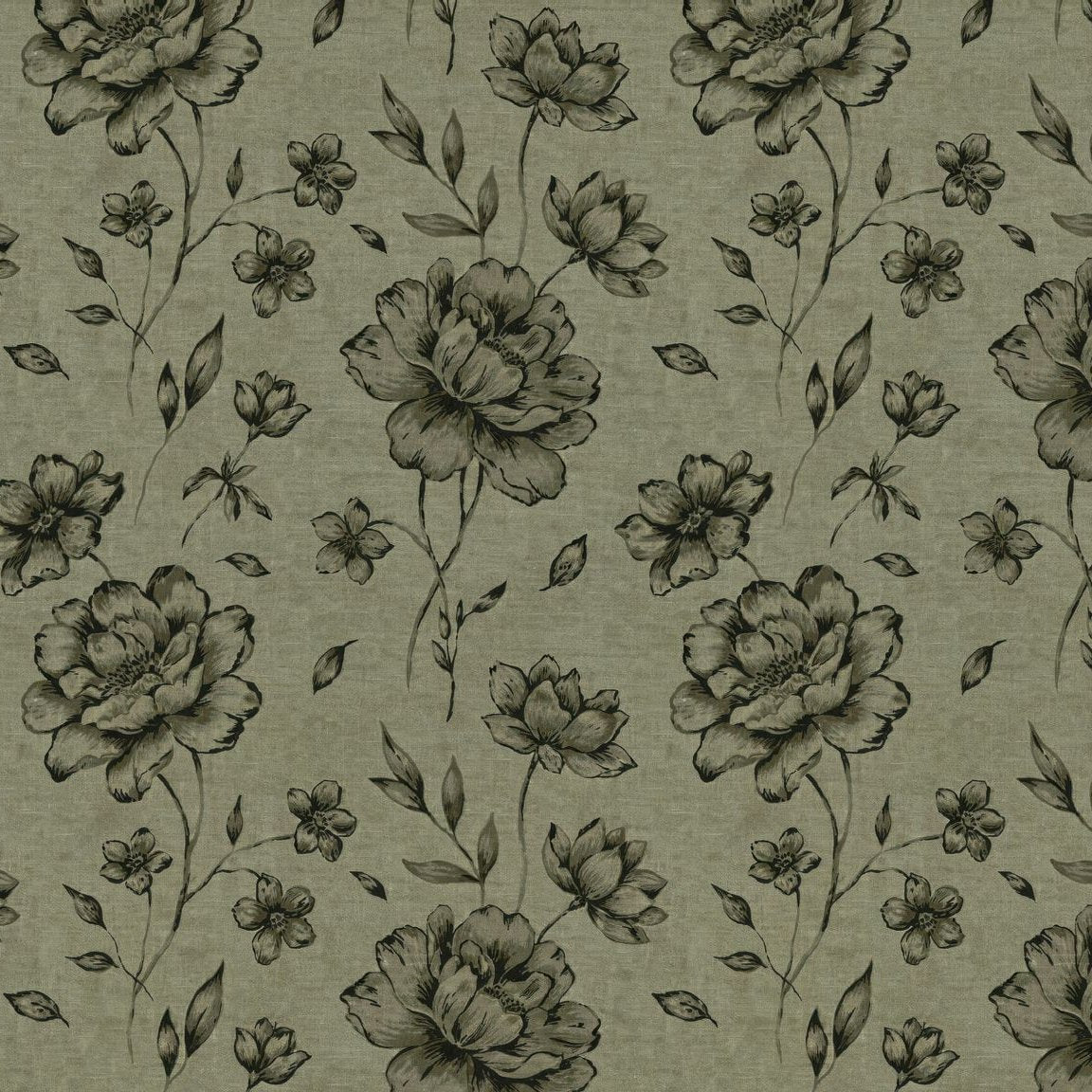 Jardin Noir wallpaper with charcoal floral motifs on olive background