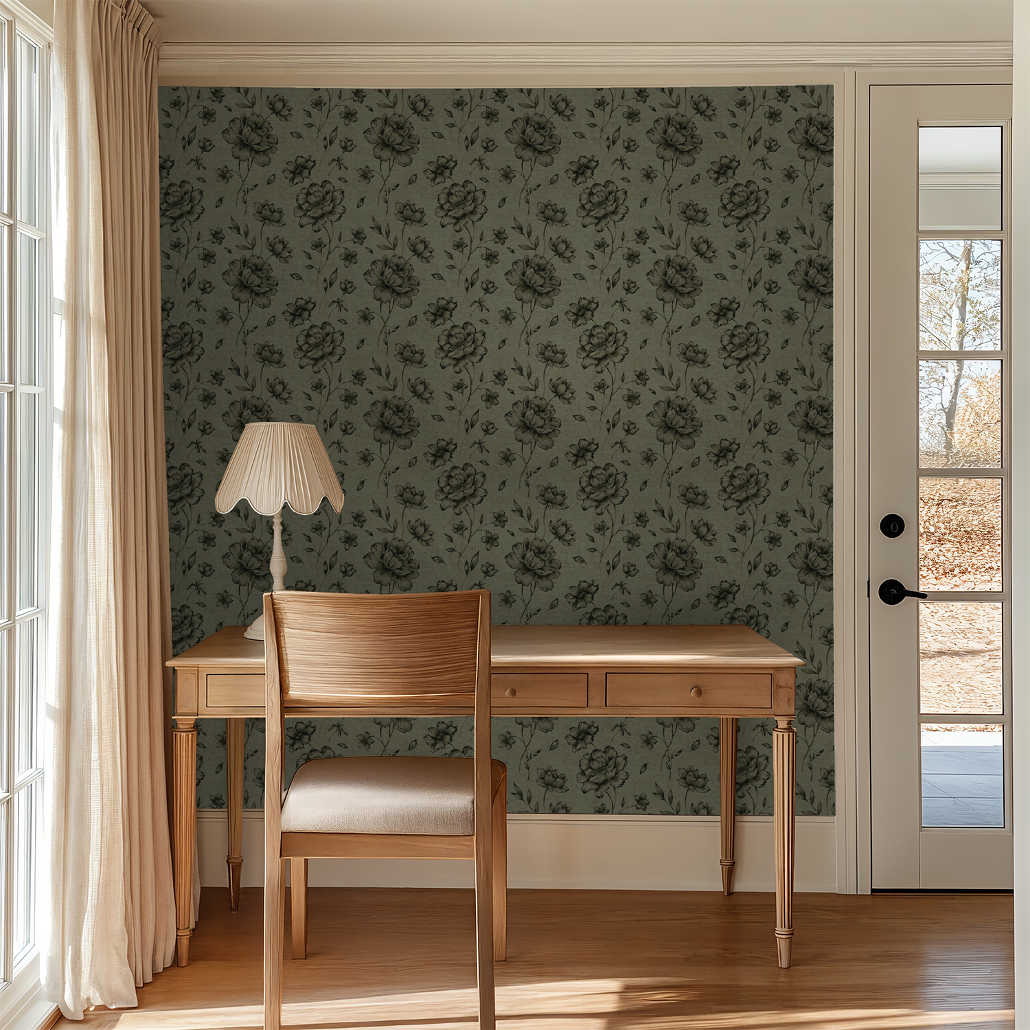 Jardin Noir wallpaper with charcoal floral motifs on olive background in elegant study room.