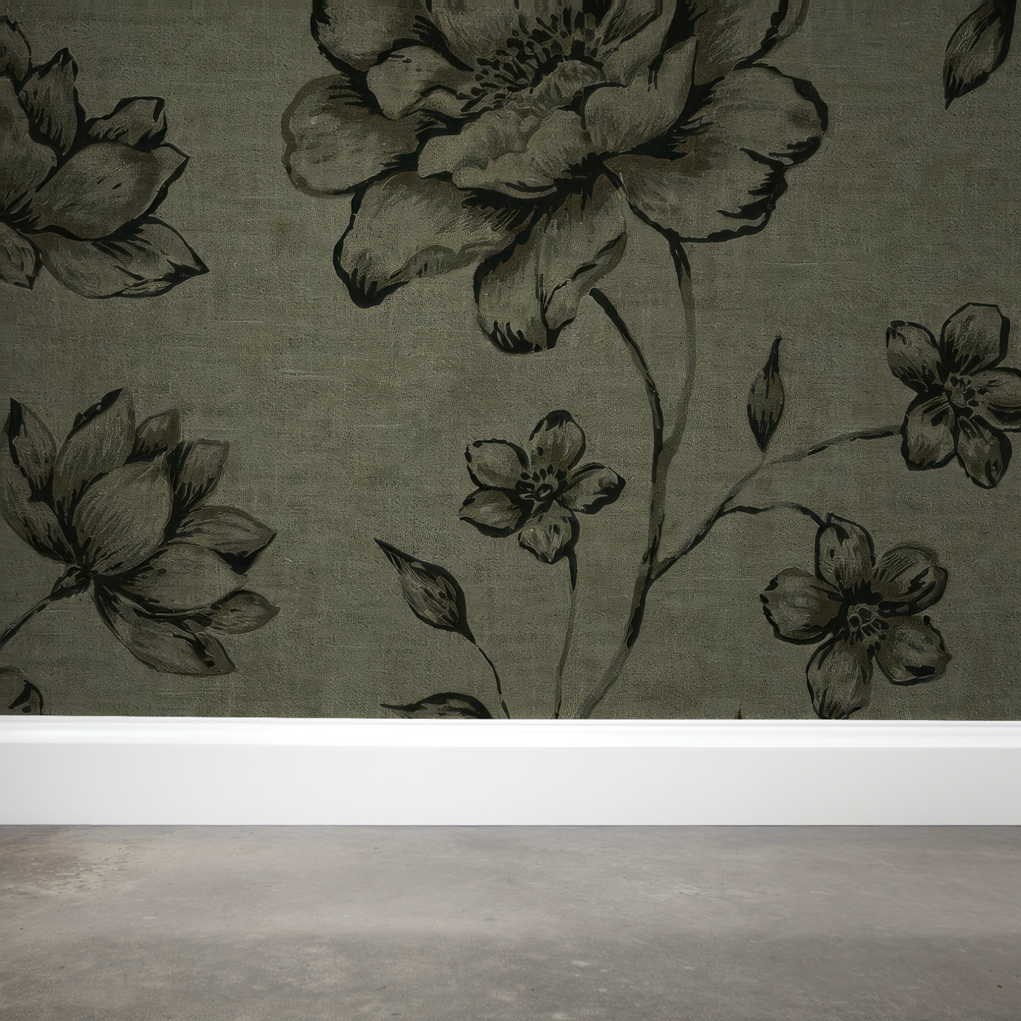 Jardin Noir wallpaper with charcoal floral motifs on olive backdrop in room setting.