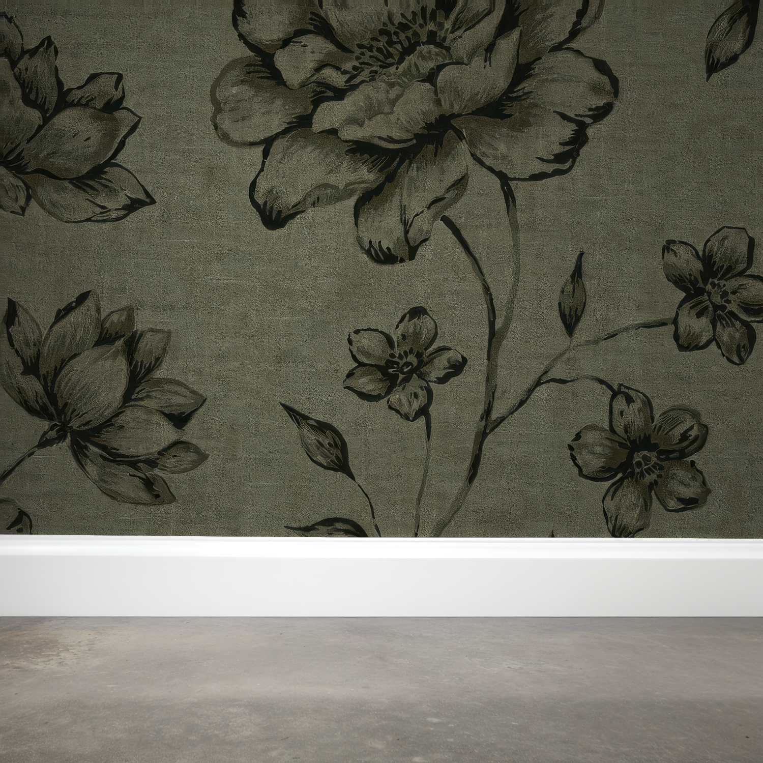 Jardin Noir wallpaper with charcoal floral motifs on olive backdrop in room setting.