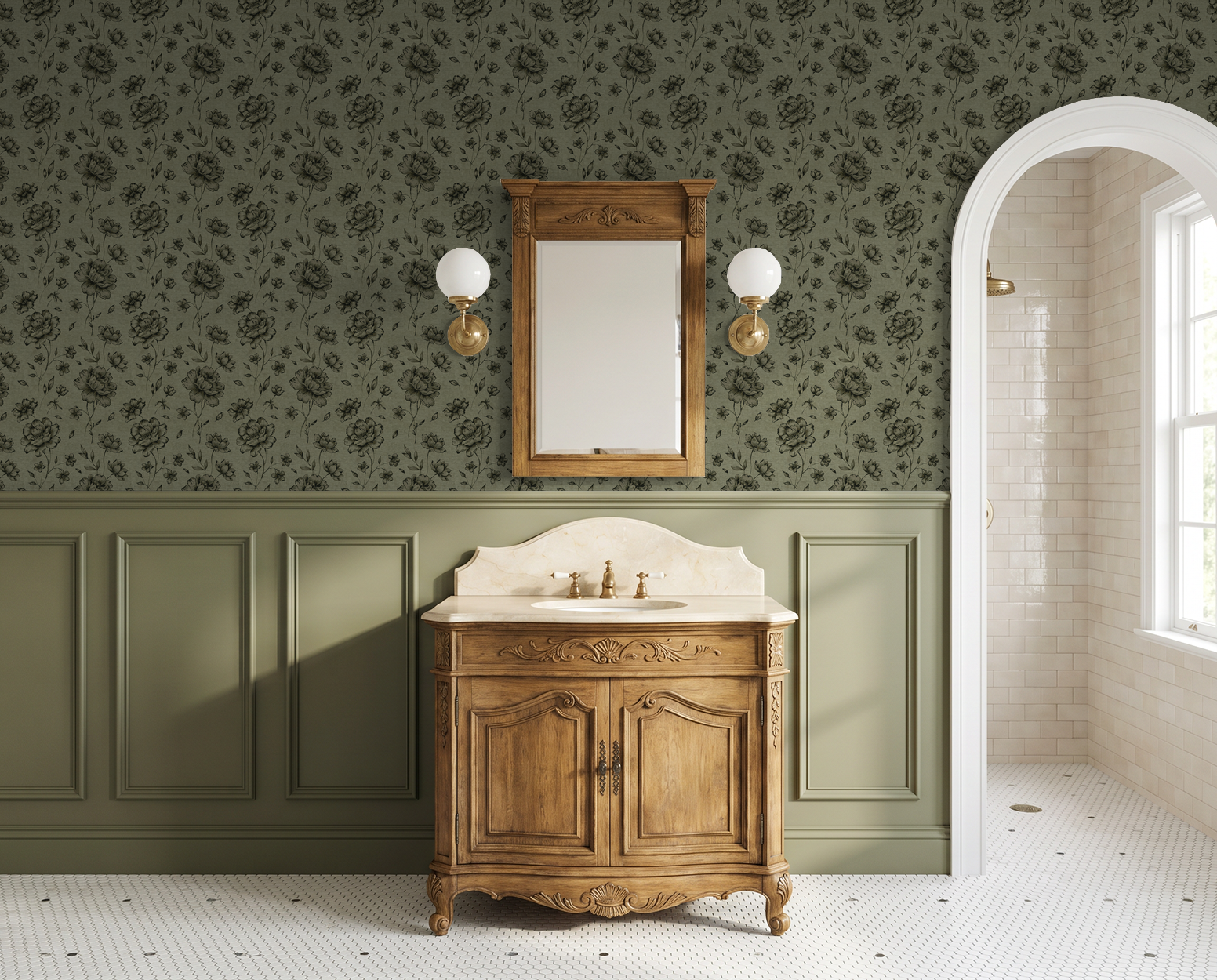 Jardin Noir wallpaper with charcoal floral design on olive background in vintage bathroom setting.