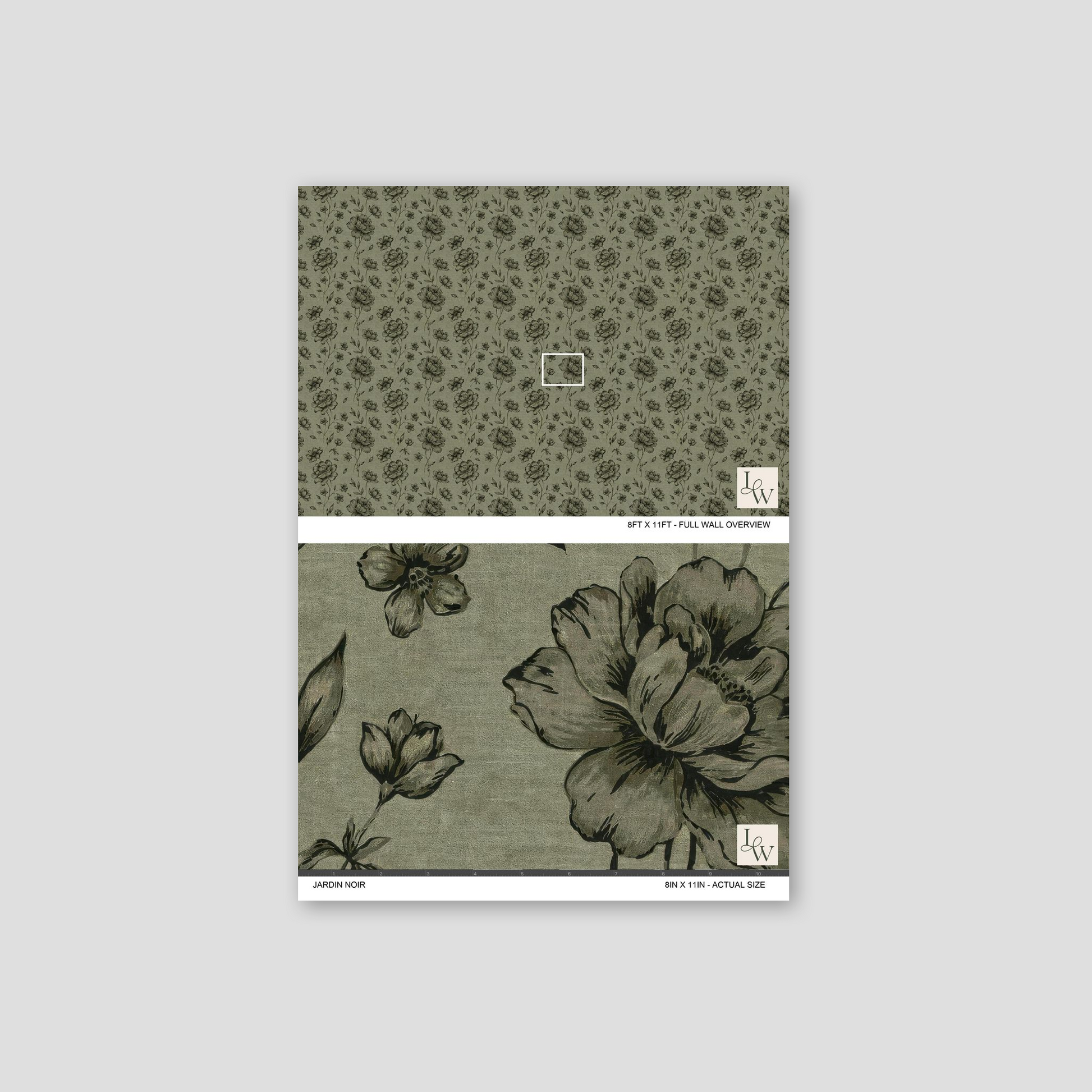 Jardin Noir wallpaper with olive backdrop and charcoal floral pattern.