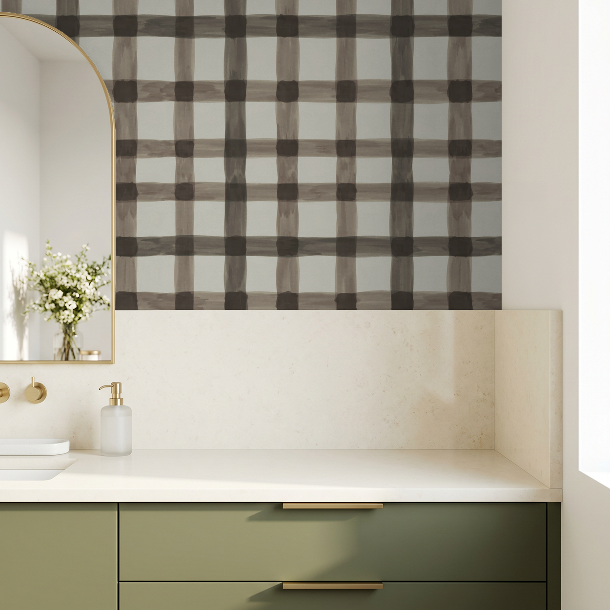 Latticed Autumn plaid wallpaper in bathroom with green vanity and gold accents.