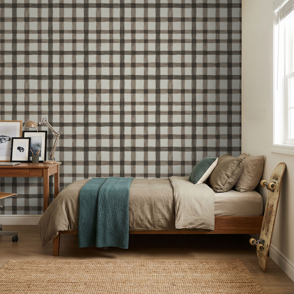 Latticed Autumn plaid wallpaper in cozy bedroom with wooden furniture and teal accents.