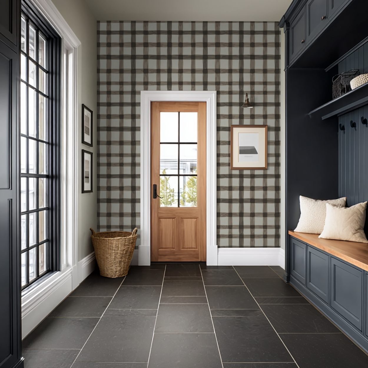 Latticed Autumn plaid wallpaper in a cozy entryway with black and wood accents.