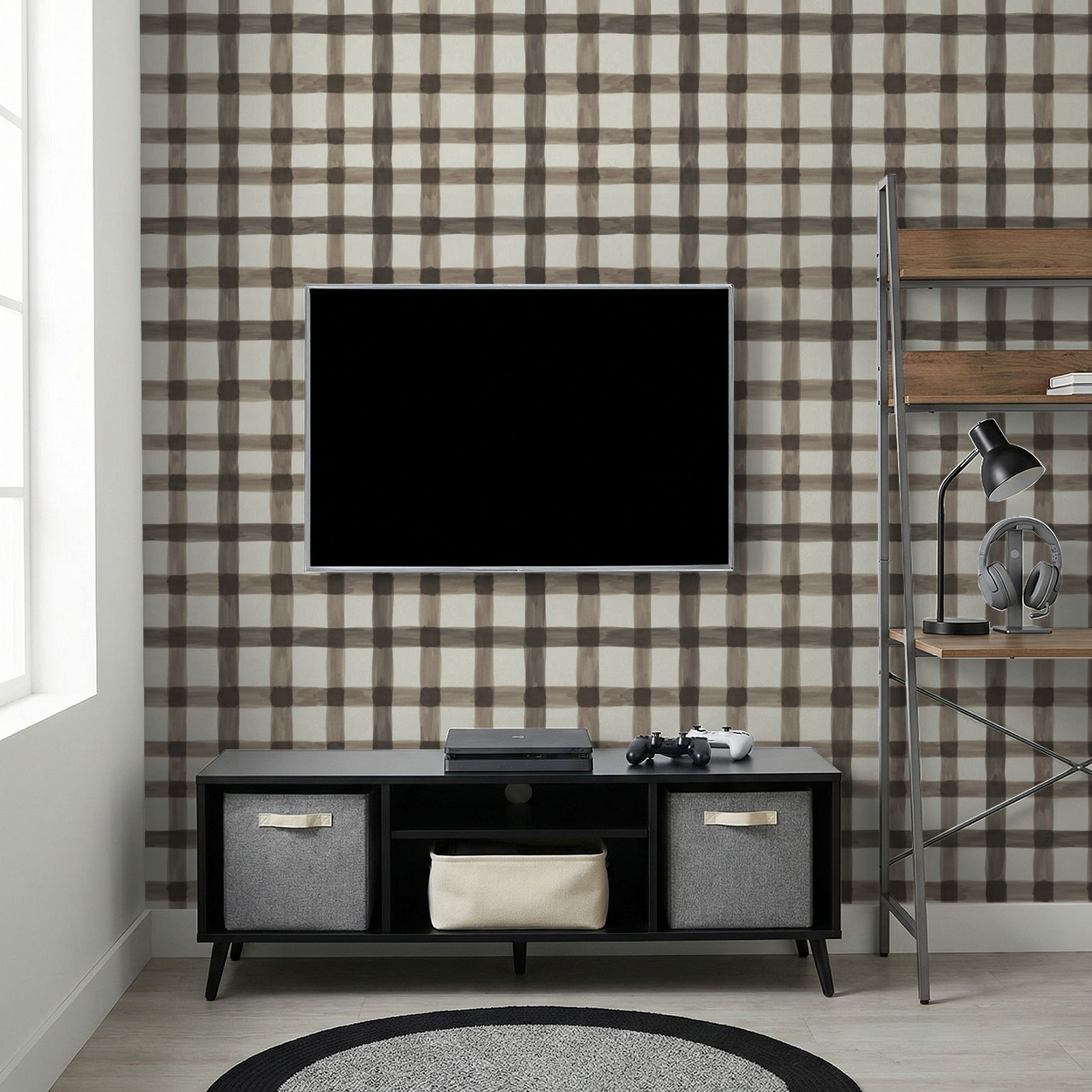 Latticed Autumn plaid wallpaper in muted browns and creams in modern living room.