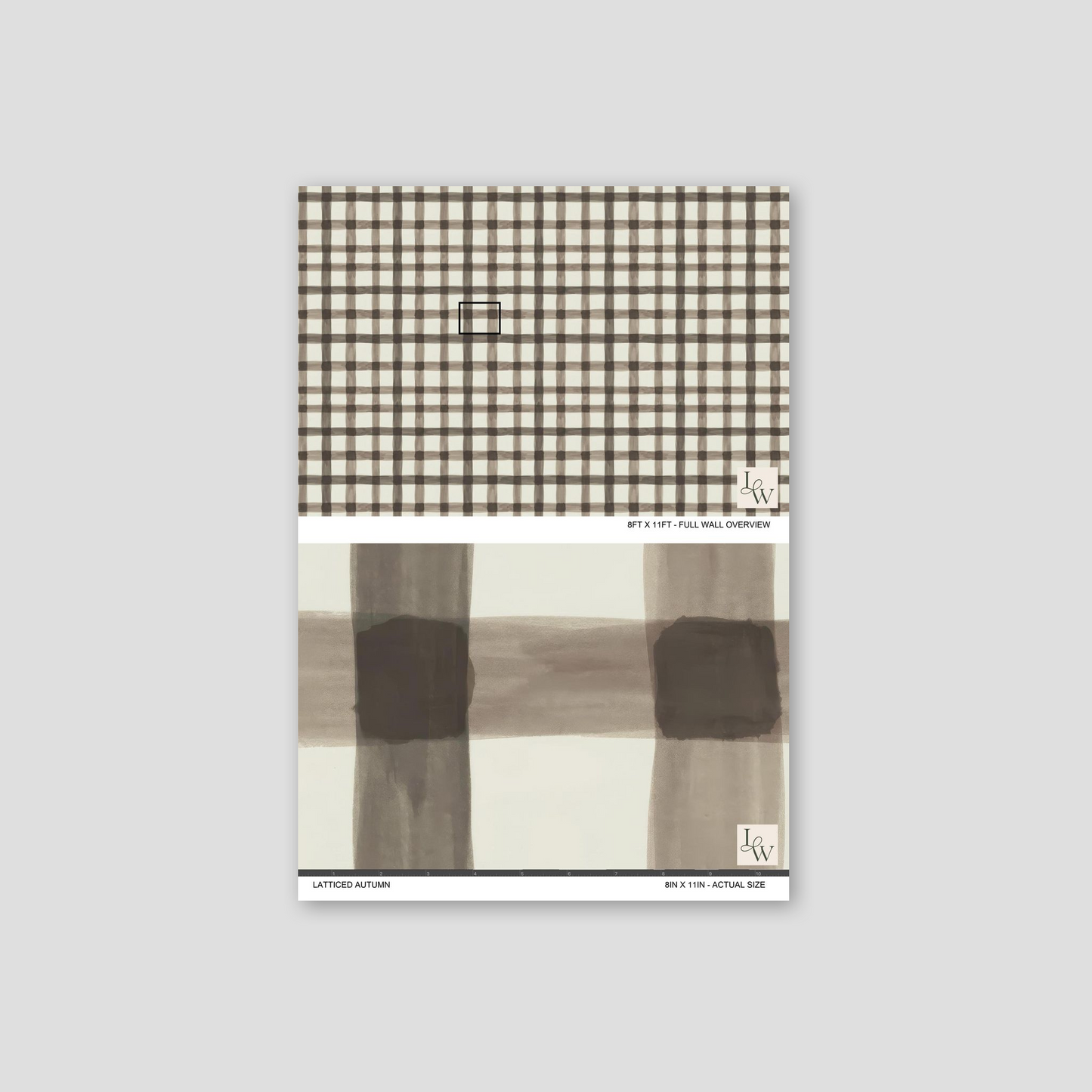 Latticed Autumn plaid wallpaper in muted browns and creams, geometric pattern sample.