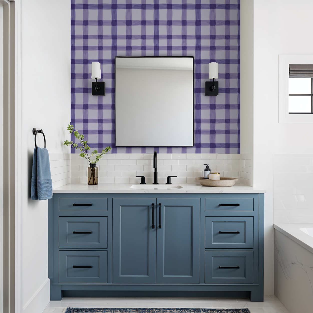 Bathroom with Latticed Berry plaid wallpaper in lilac and violet behind blue vanity.