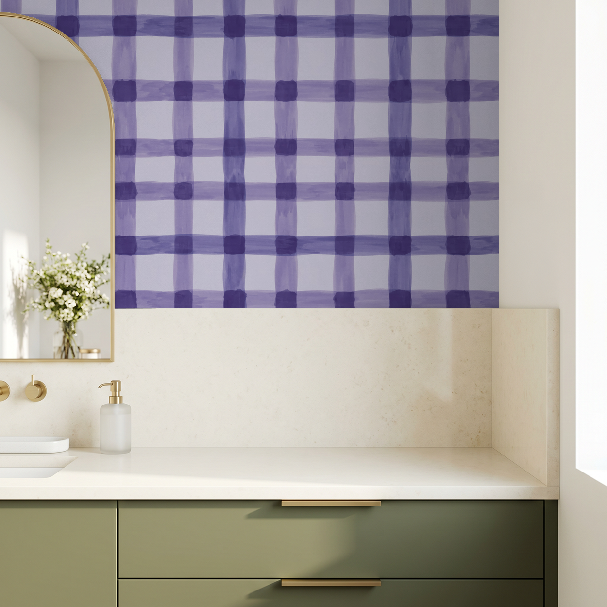 Latticed Berry lilac and violet plaid wallpaper in modern bathroom setting.
