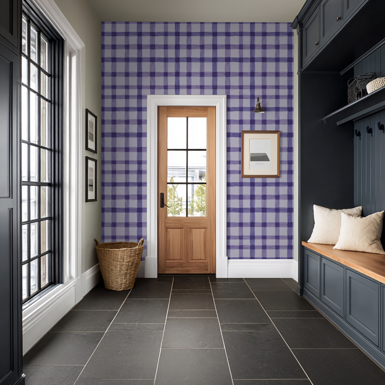 Latticed Berry plaid wallpaper in lilac and violet in a modern entryway.