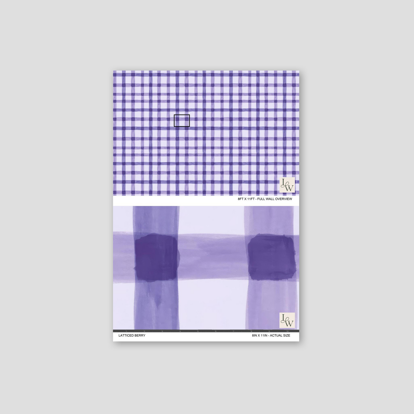 Latticed Berry wallpaper with lilac and violet plaid pattern sample.