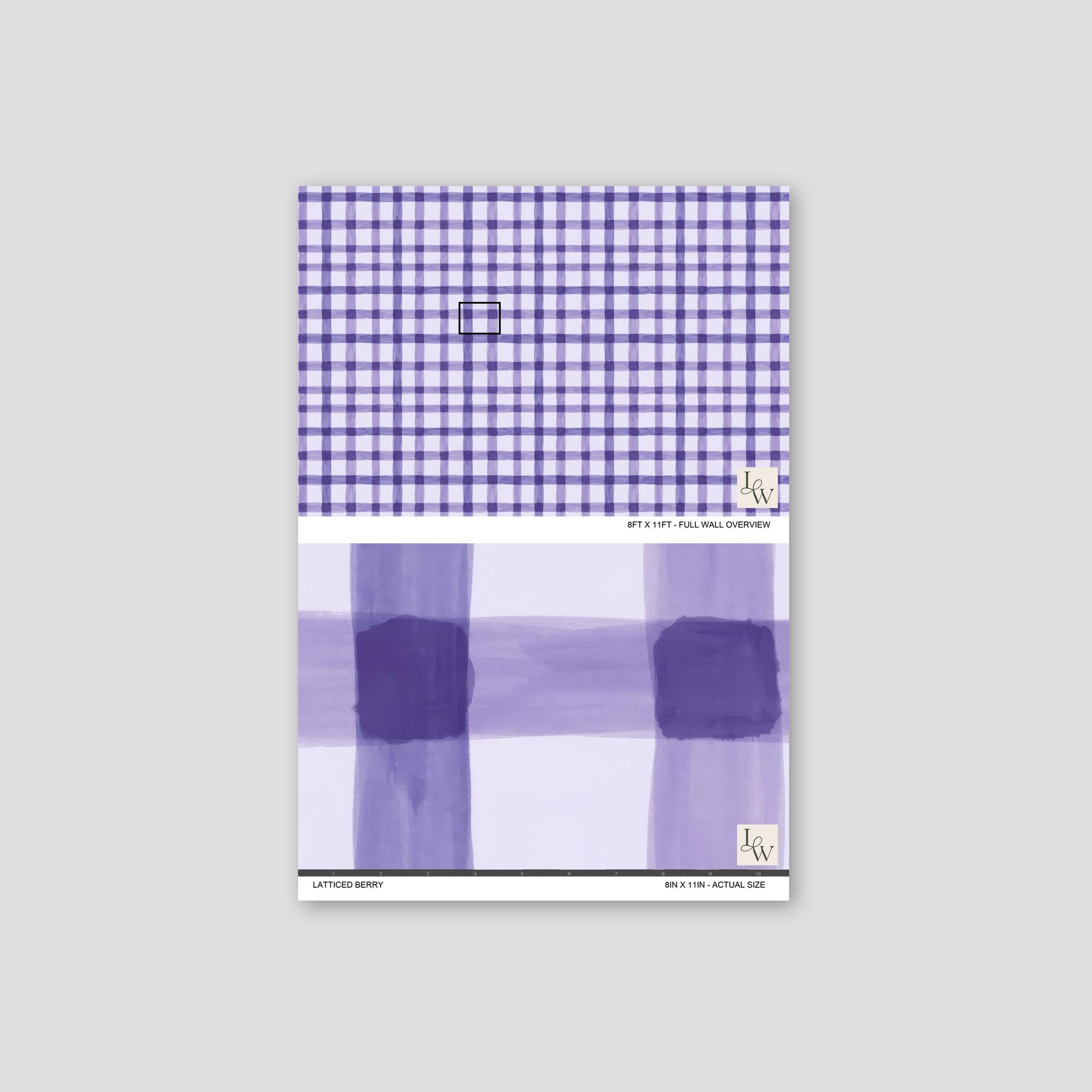 Latticed Berry wallpaper with lilac and violet plaid pattern sample.