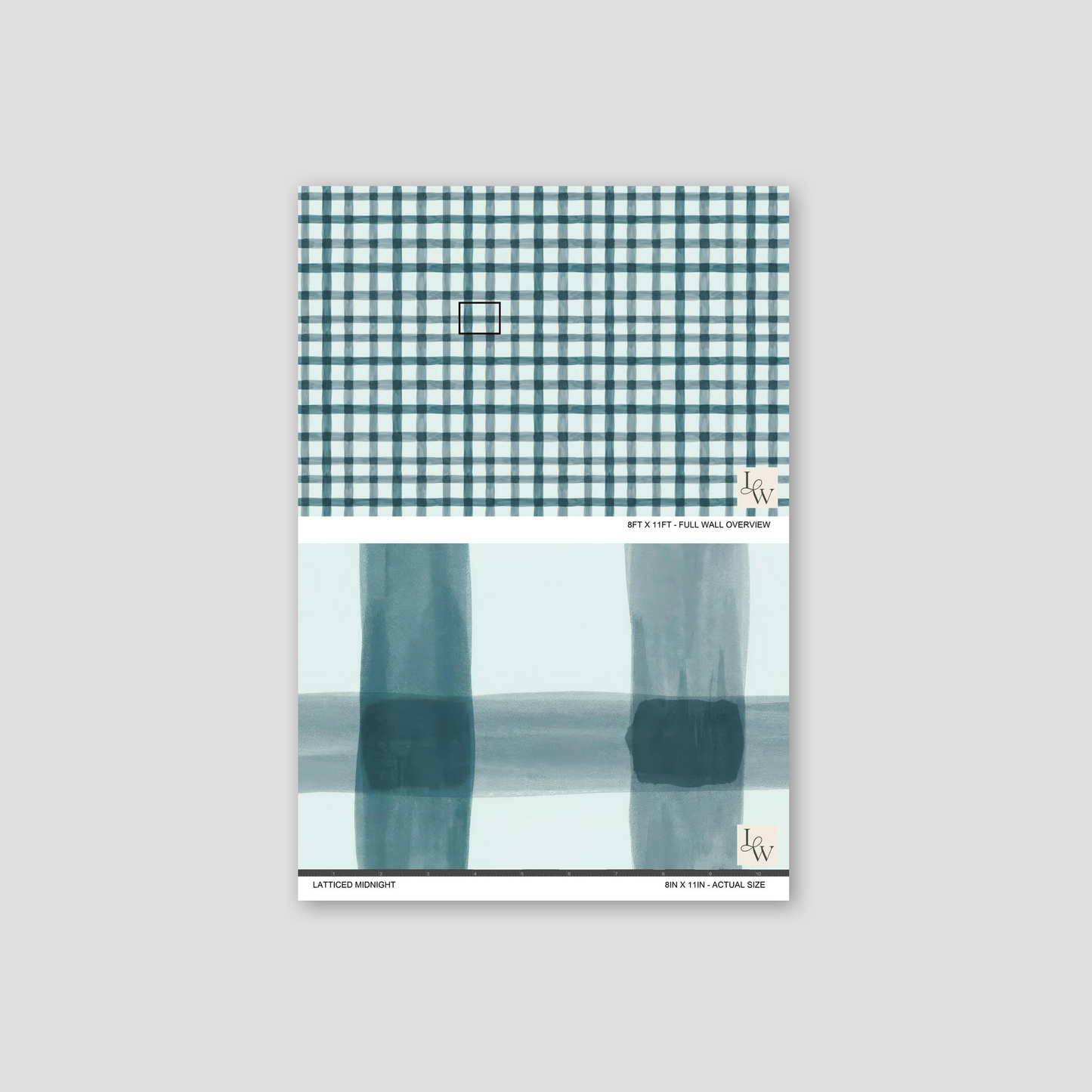 Latticed Midnight wallpaper with soft blue and white plaid pattern sample.