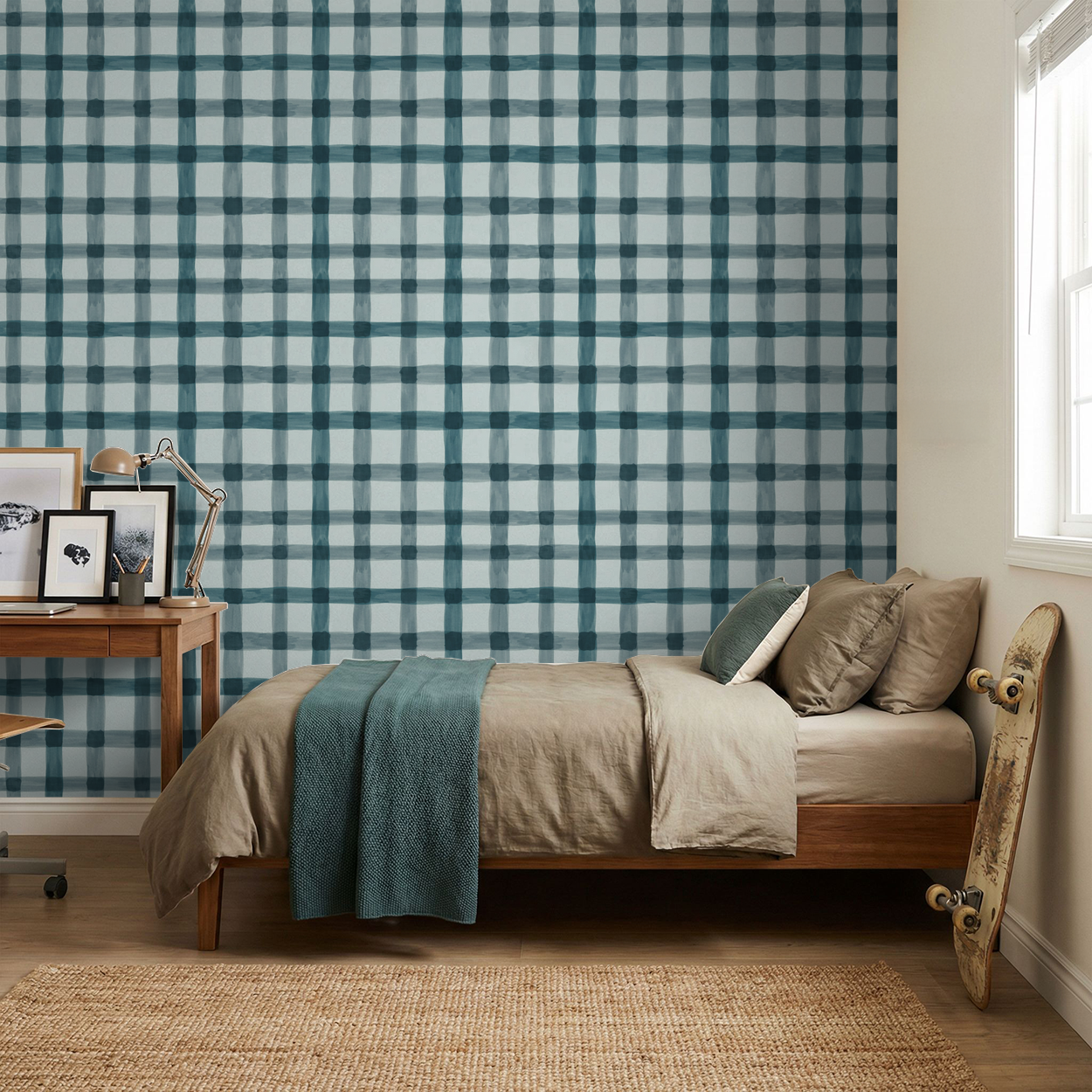 Latticed Midnight plaid wallpaper in cozy bedroom with teal and beige decor.