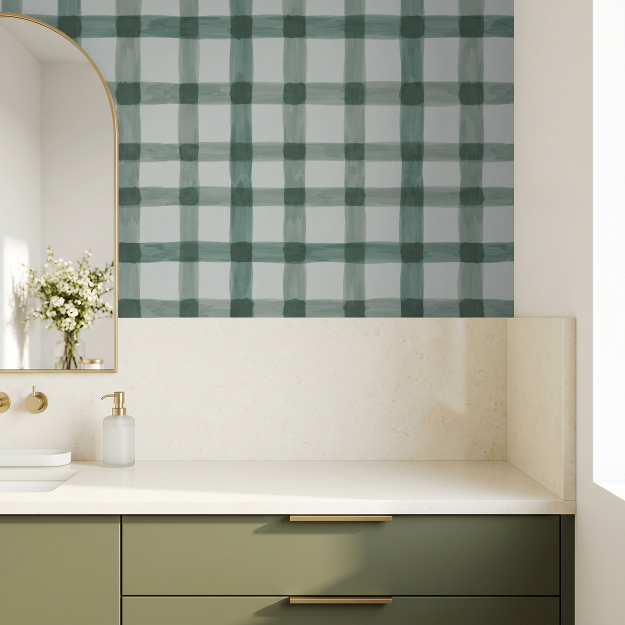 Latticed Sage wallpaper with green grid pattern in modern bathroom setting.