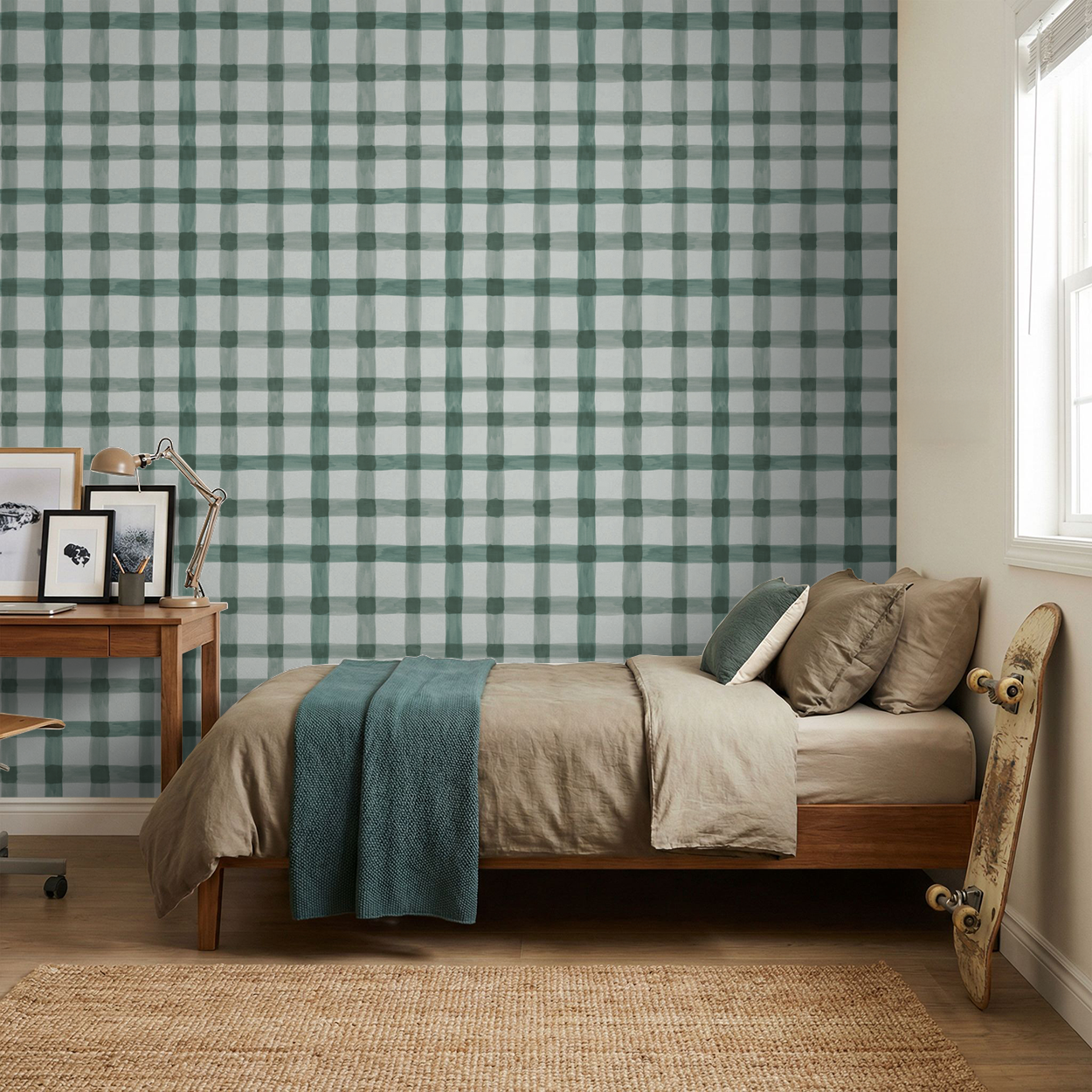 Latticed Sage wallpaper with green grid pattern in modern bedroom setting.