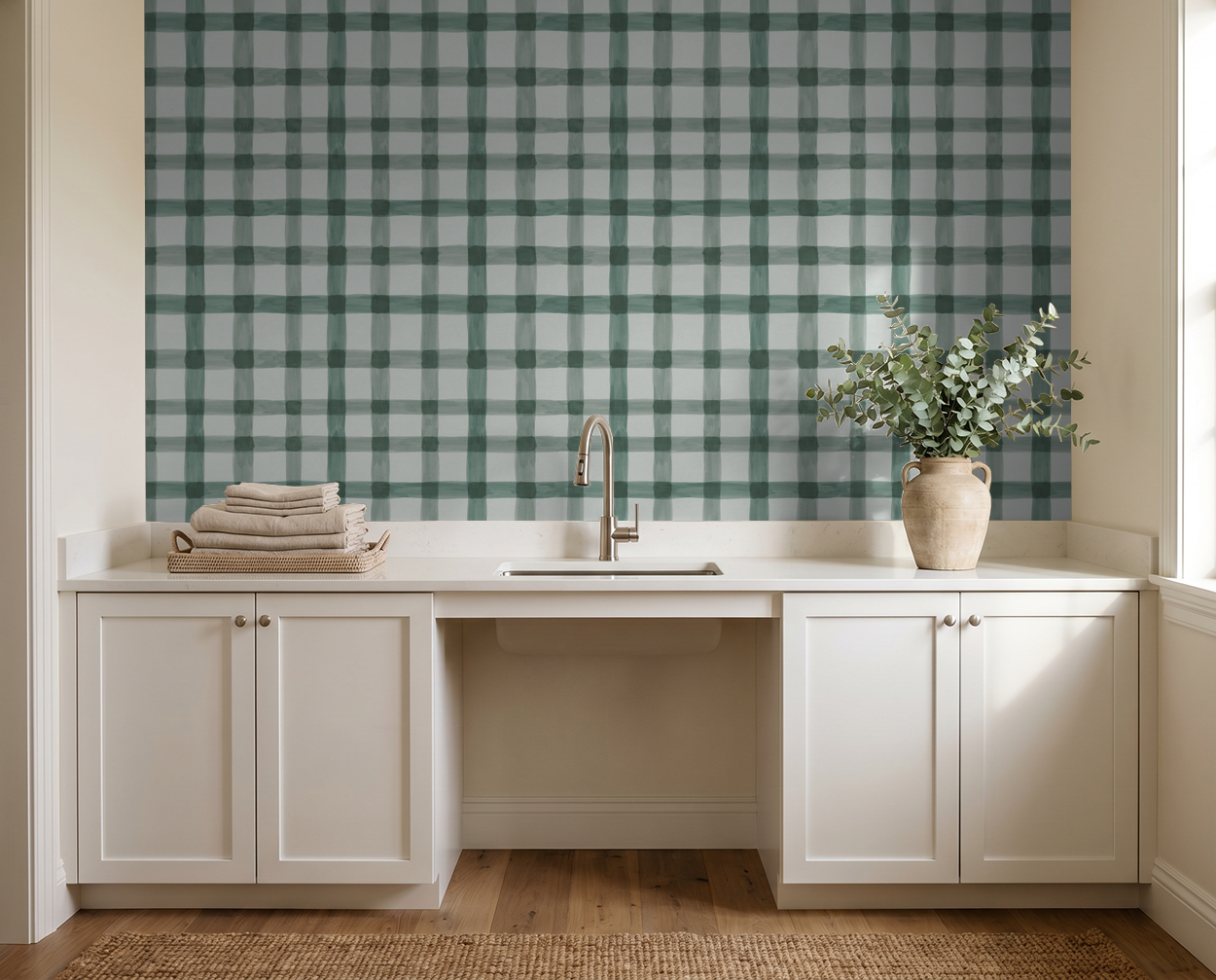 Latticed Sage wallpaper with green grid pattern in modern kitchen setting.