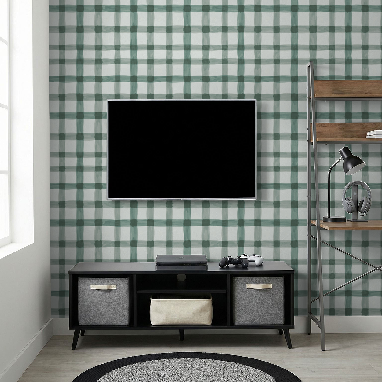 Latticed Sage wallpaper with green and white grid pattern in modern living room setting.