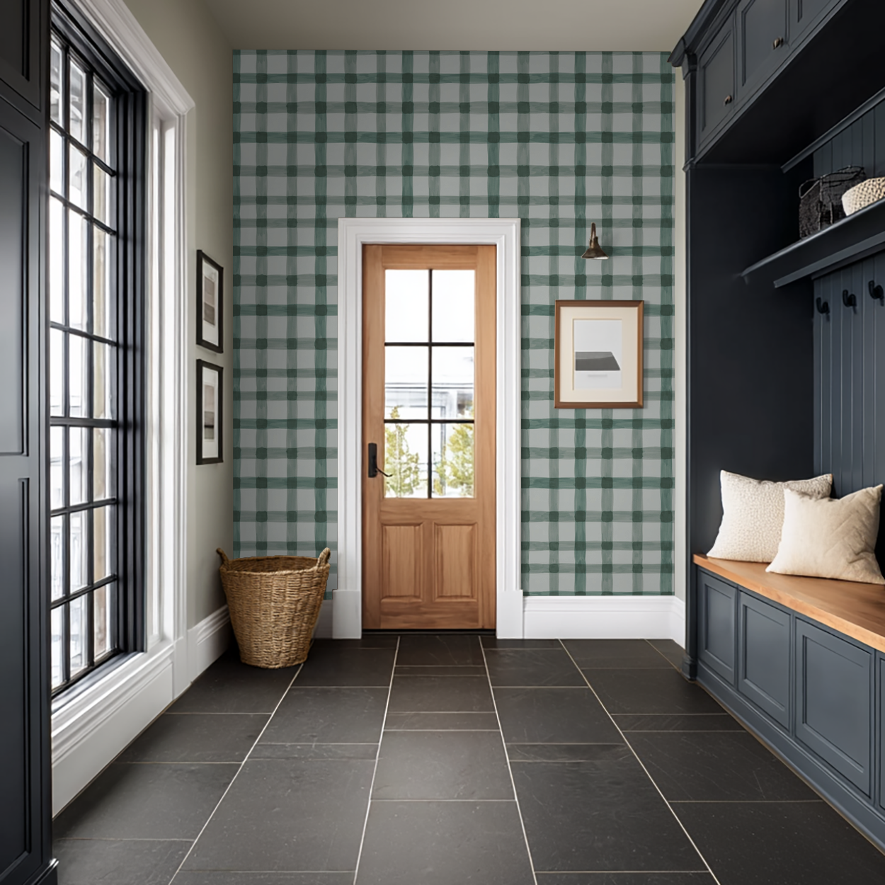 Latticed Sage wallpaper in entryway with soft green check pattern and wooden door.