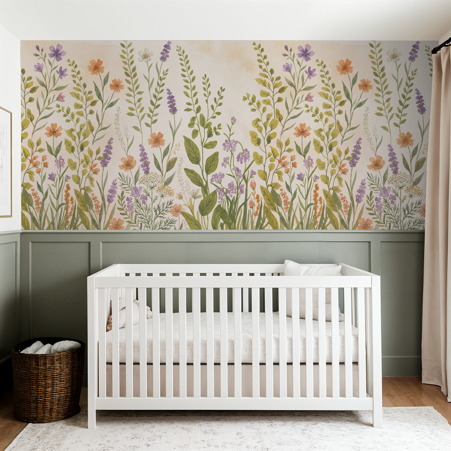 Floral wallpaper with lavender and wildflowers in nursery setting.