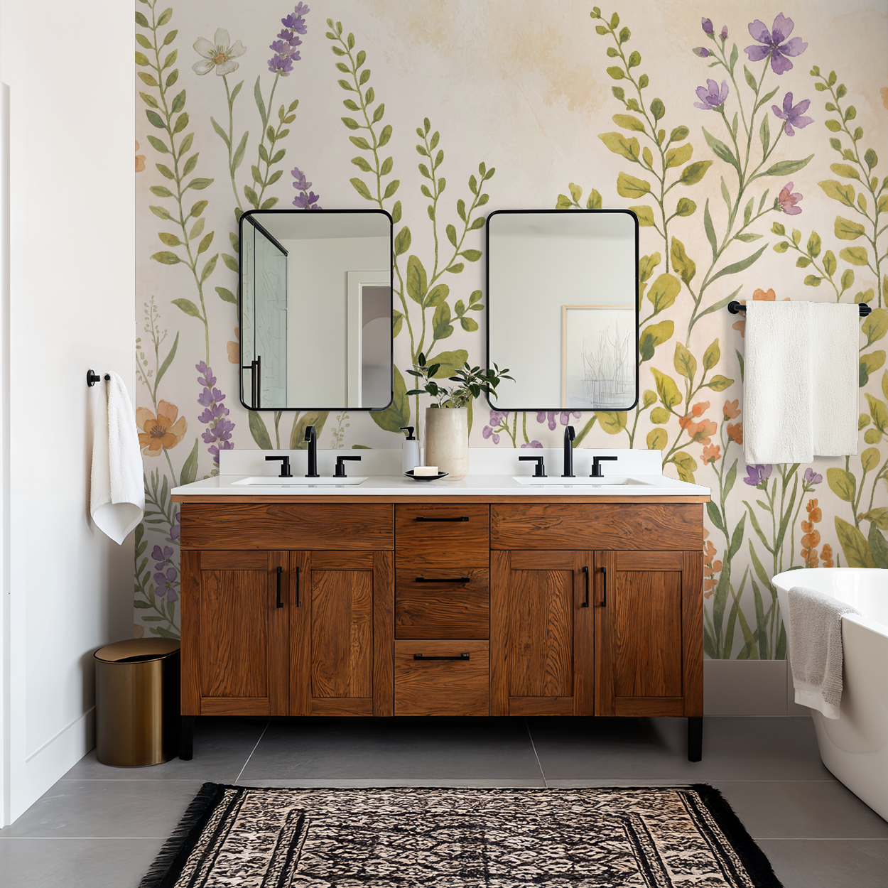 Lavish floral wallpaper with lavender and wildflowers in a bathroom with wooden vanity.
