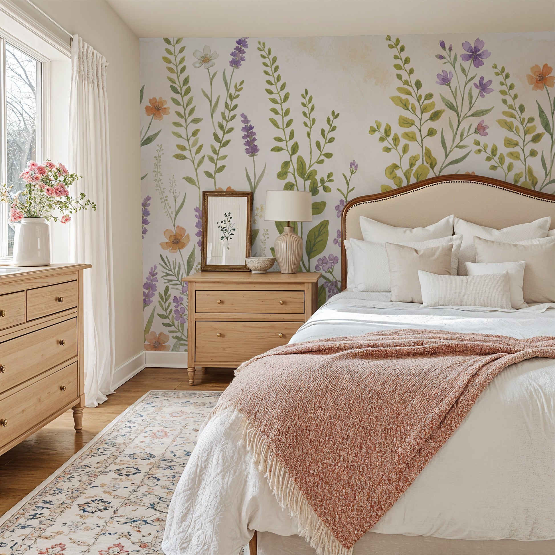 Lavish floral wallpaper with lavender and wildflowers in a cozy bedroom setting.