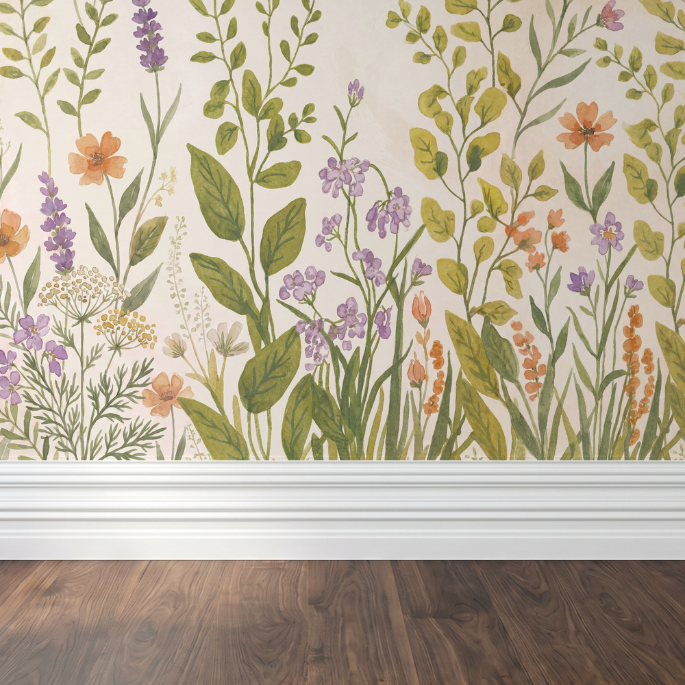 Floral wallpaper with lavender and wildflowers on cream backdrop in room setting