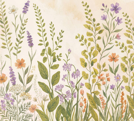 Lavish wallpaper with lavender and wildflowers on cream backdrop.
