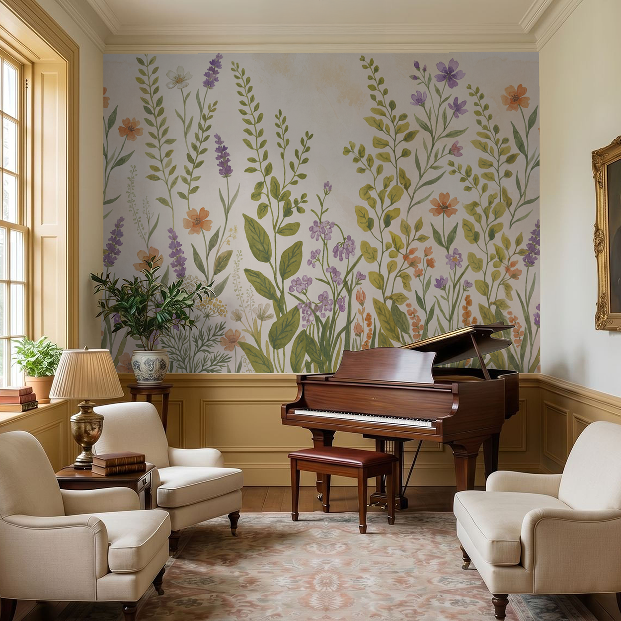 Lavish floral wallpaper with lavender and wildflowers in elegant living room with piano.