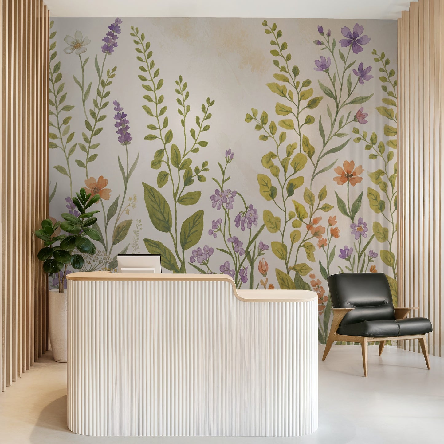 Floral wallpaper with lavender and wildflowers in a modern reception area.