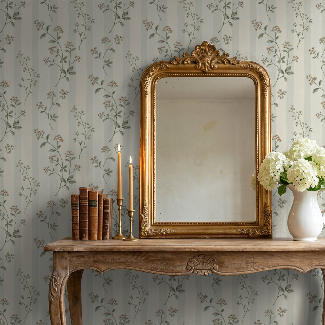Leaf & Stripe wallpaper with delicate floral pattern and vintage mirror in elegant room.