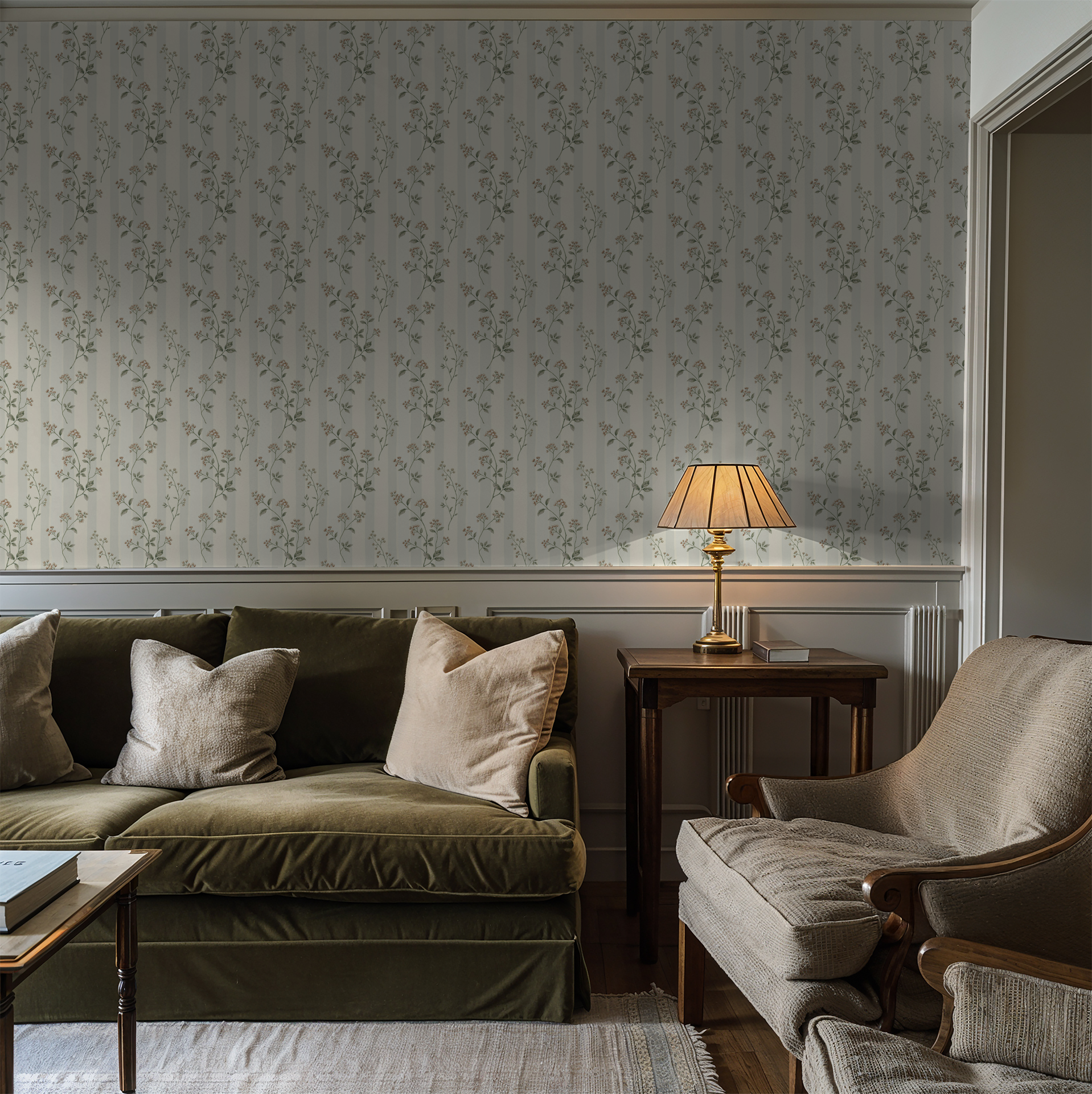 Leaf & Stripe wallpaper with delicate sprigs in a cozy living room setting.