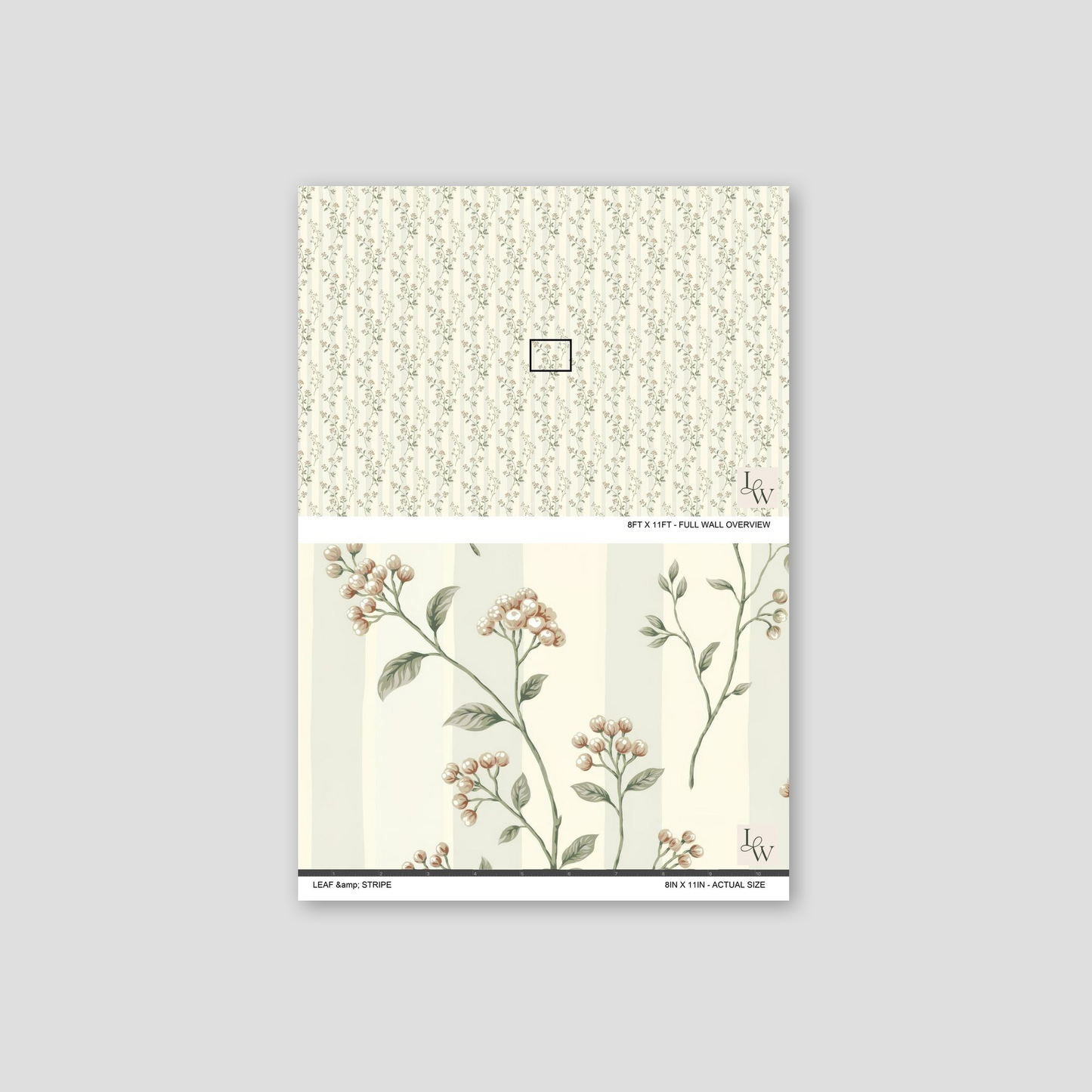 Leaf & Stripe wallpaper with delicate berries and leaves on muted striped background