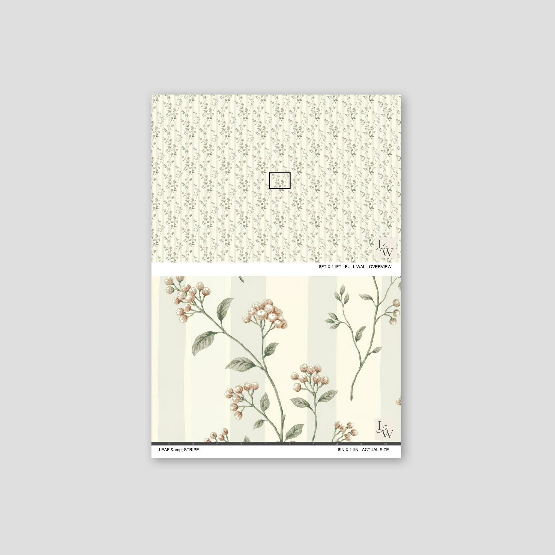 Leaf & Stripe wallpaper with delicate berries and leaves on muted striped background
