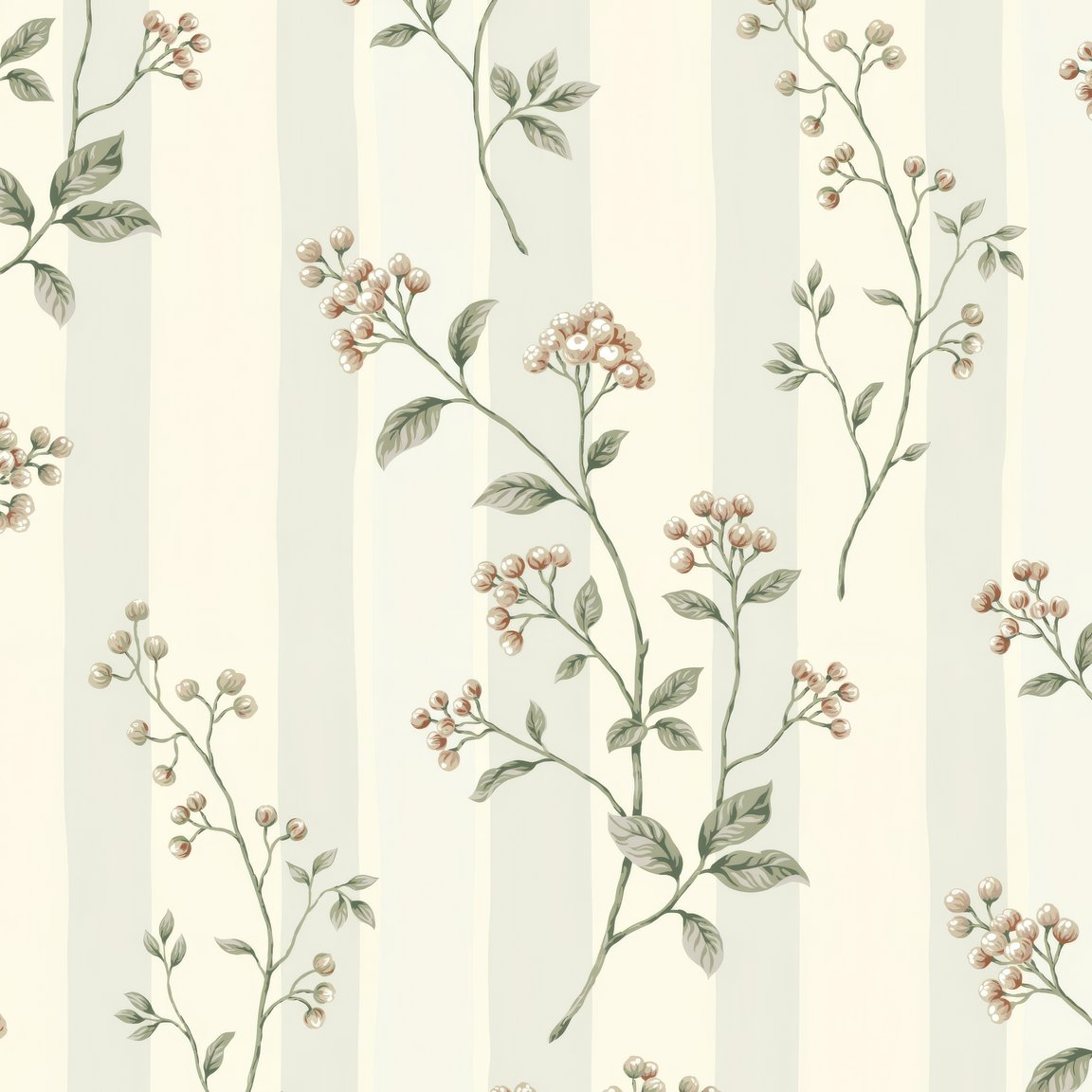 Leaf and Stripe wallpaper with delicate berries and leaves on muted stripes