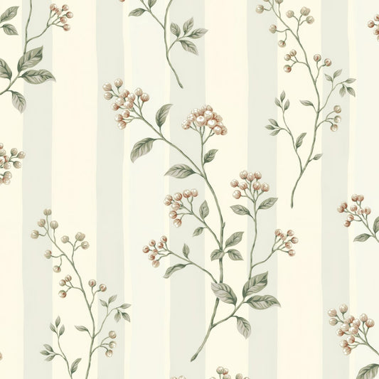 Leaf and Stripe wallpaper with delicate berries and leaves on muted stripes