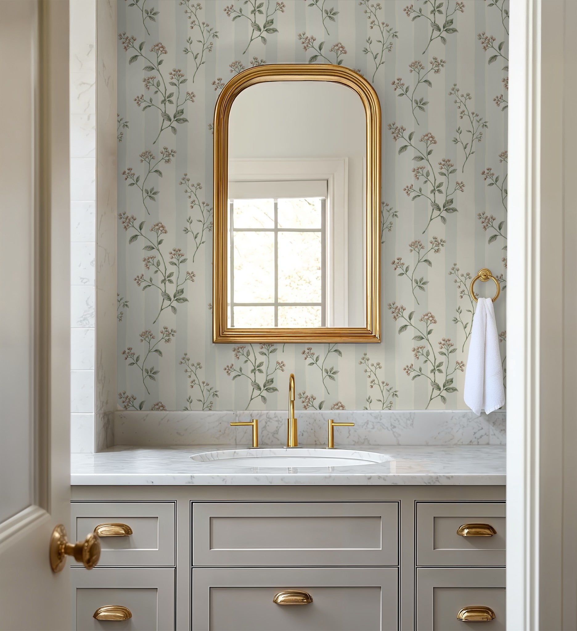 Leaf and Stripe wallpaper with delicate sprigs and stripes in elegant bathroom setting.