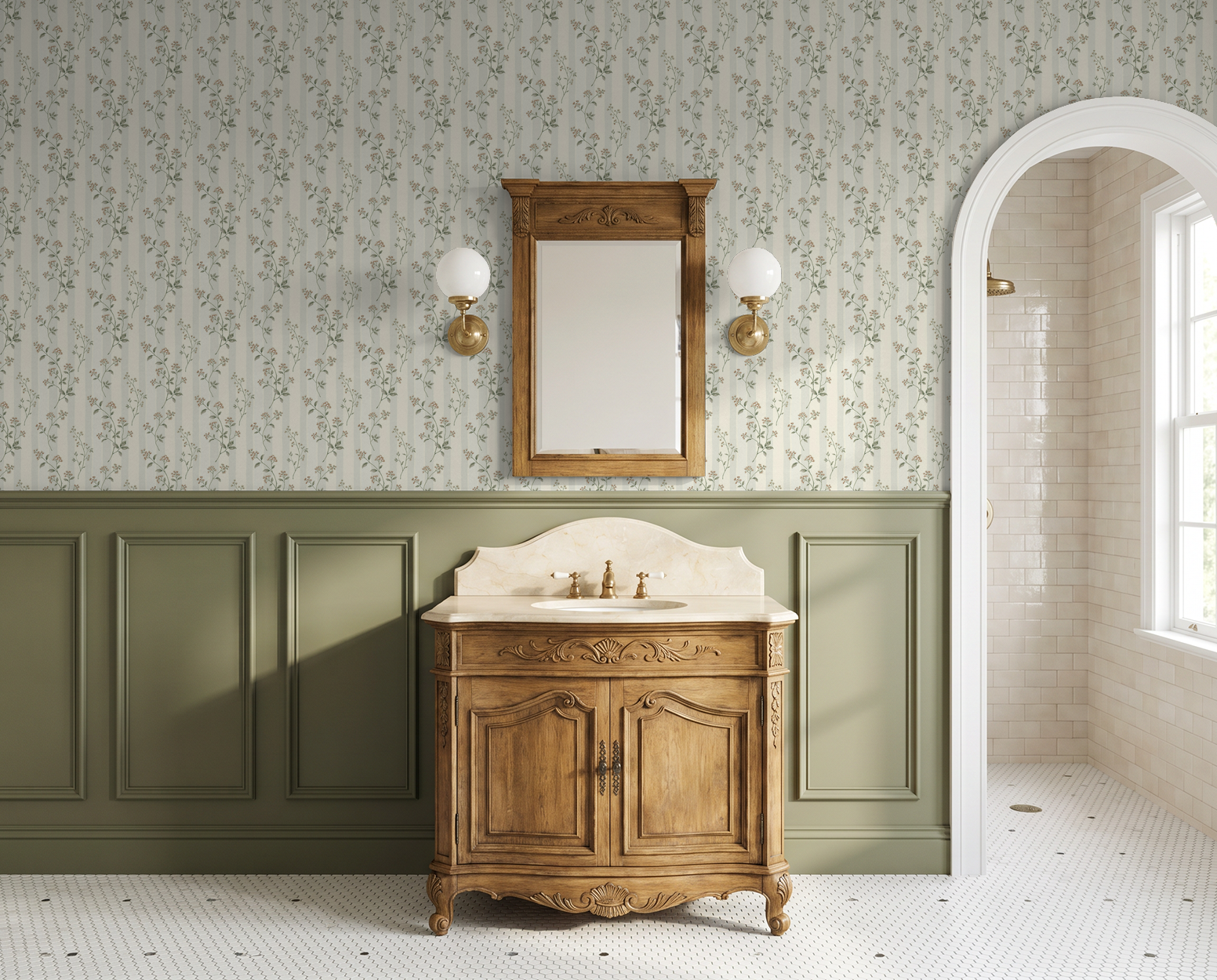 Leaf & Stripe wallpaper with delicate sprigs and muted stripes in elegant bathroom setting.