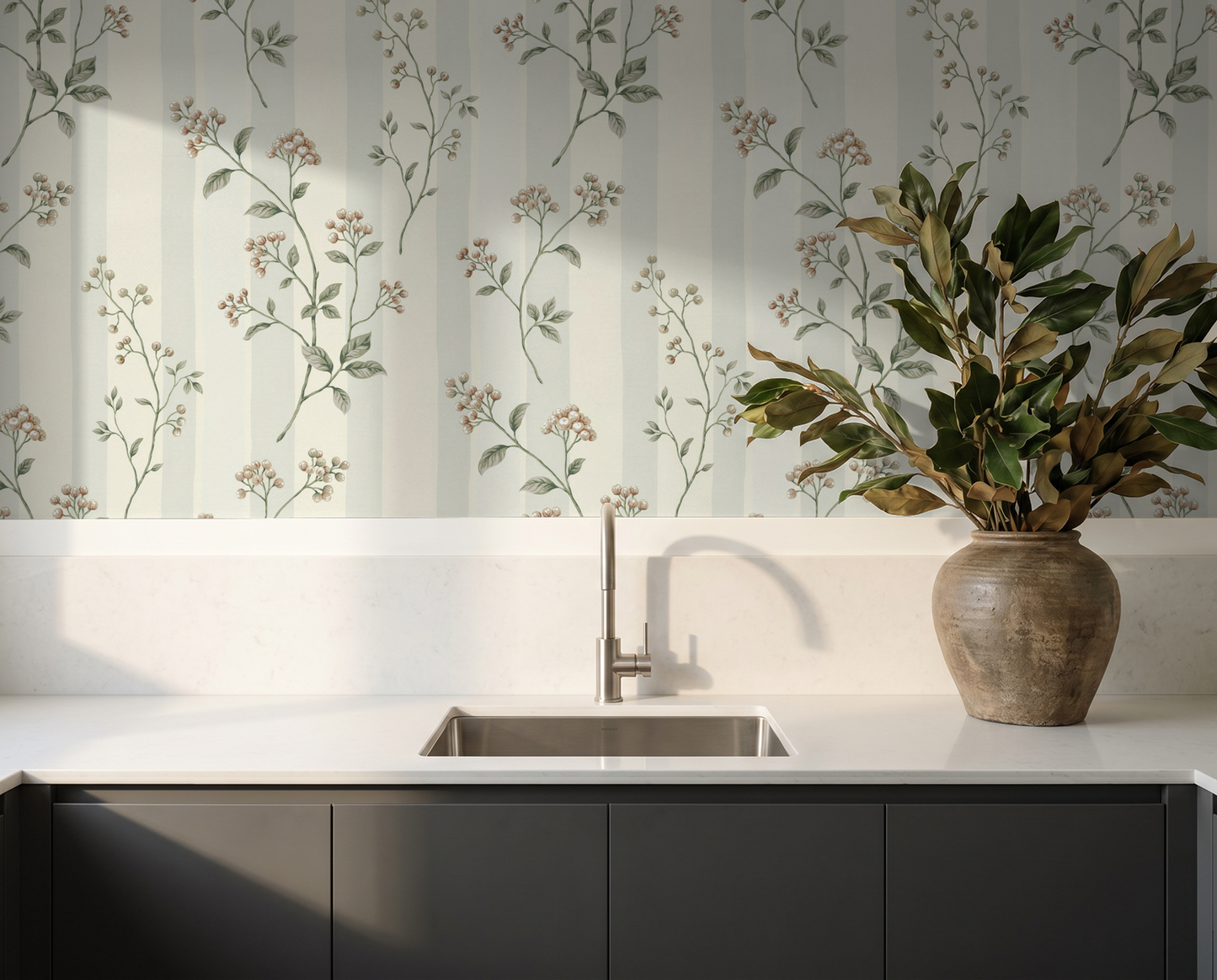 Leaf & Stripe wallpaper with delicate berries and leaves in kitchen setting.