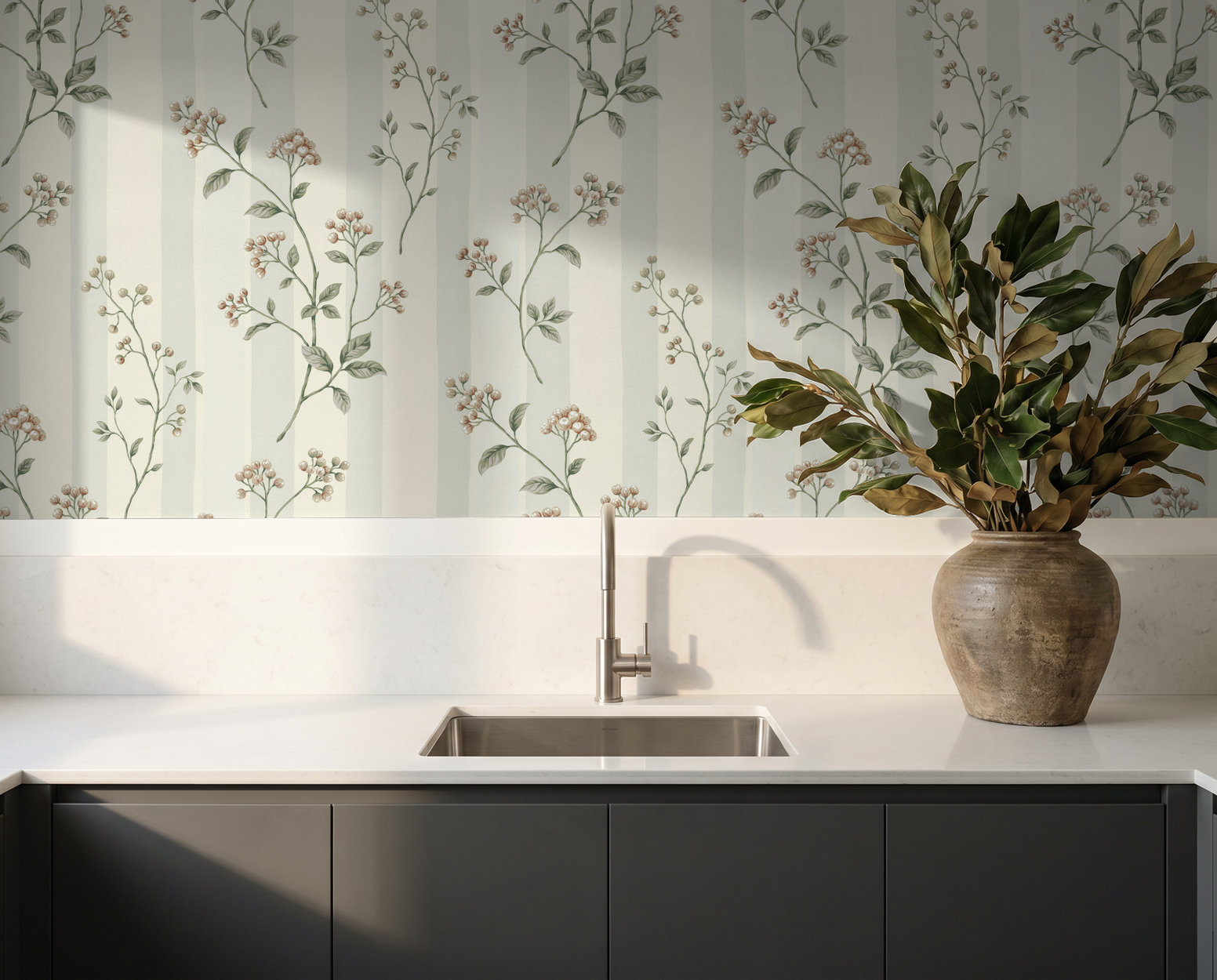 Leaf & Stripe wallpaper with delicate berries and leaves in kitchen setting.