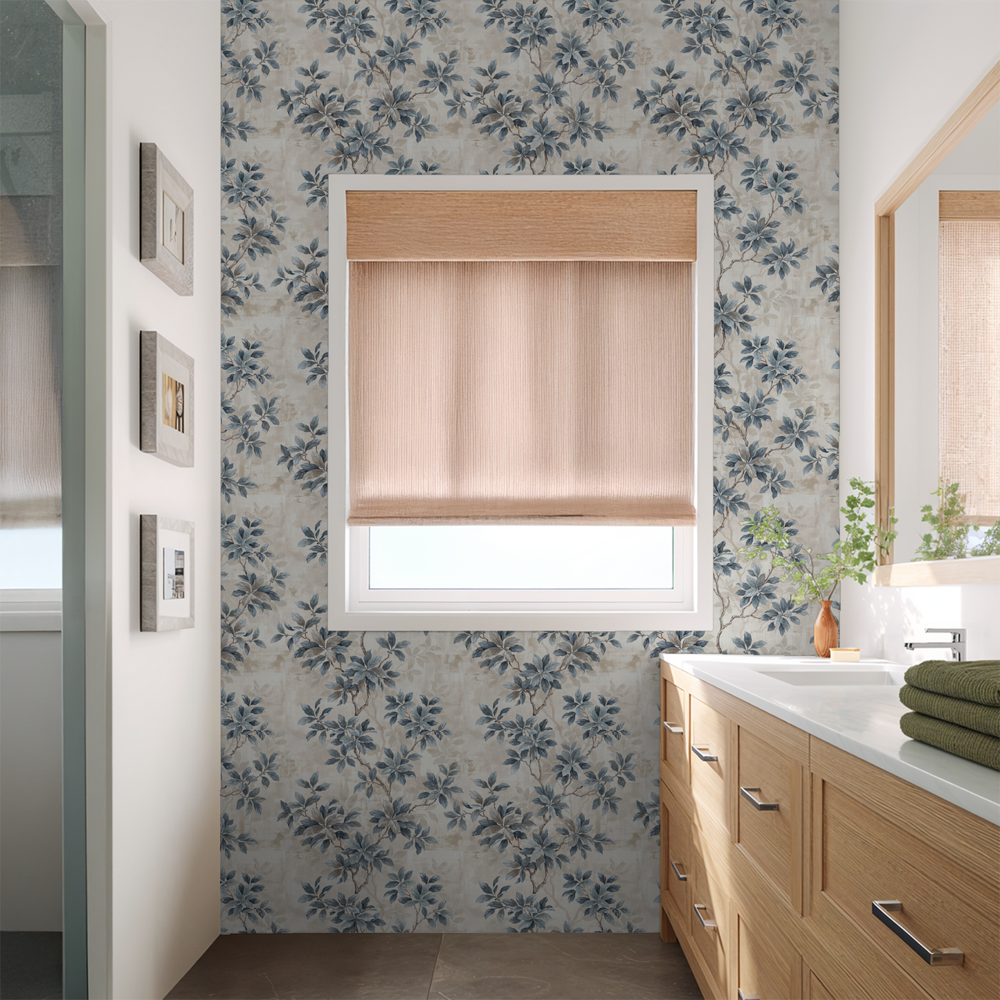 Leafy Daydreams wallpaper with blue floral pattern in a modern bathroom setting.