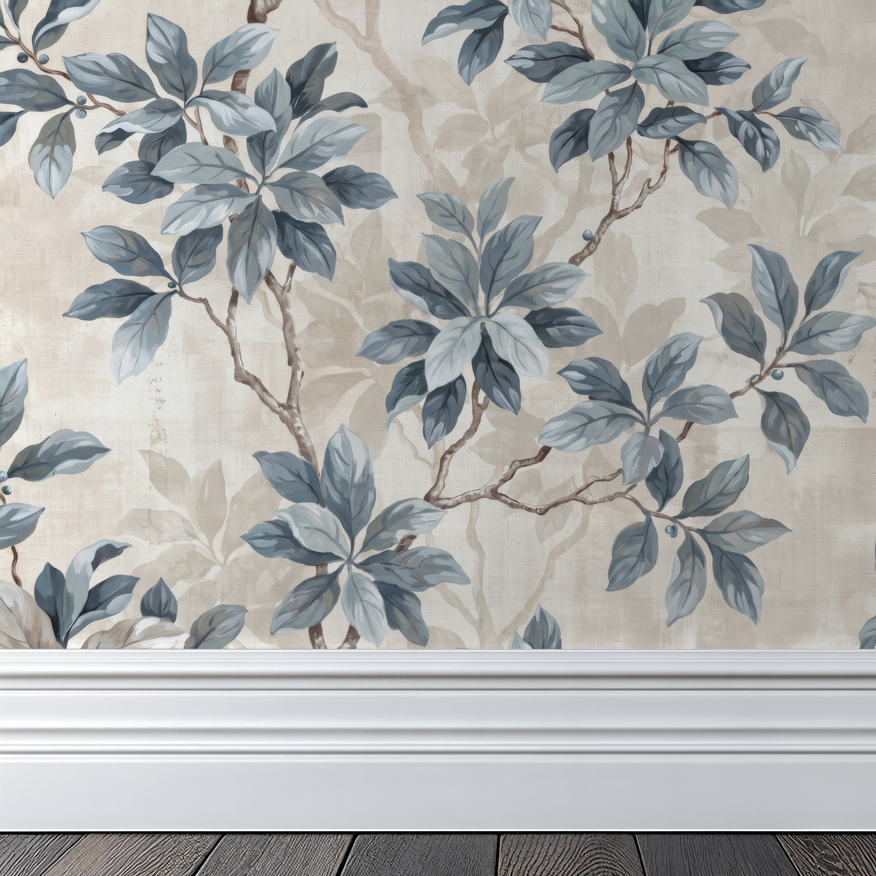 Leafy Daydreams wallpaper with blue and grey foliage on beige background in a room setting.